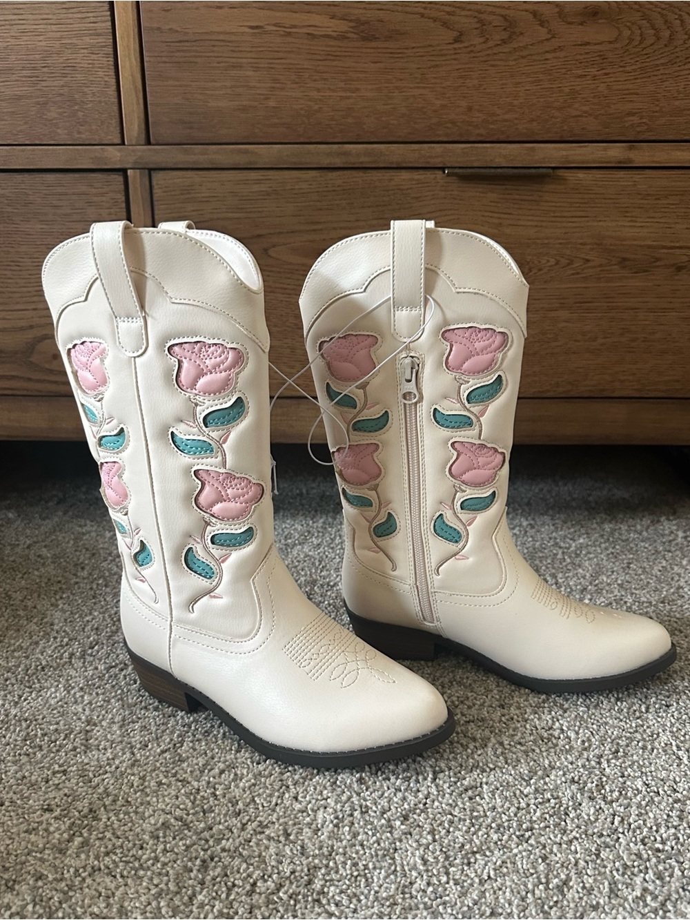 NWT art class Cream Kids' Western Boots with Pink Rose Floral & Teal Leaves